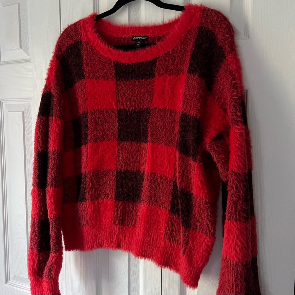 Express Fuzzy Red and Black Checkered Sweater